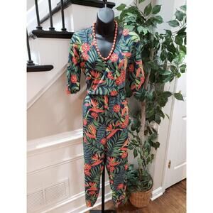 Molly Bracken Womens Multi Tropical Print Polyester Long Sleeve Jumpsuit Size M